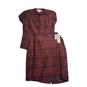 Jones New York Jacket Skirt Suit Set Sz 10, 14 Burgundy Black Striped Sheen NWT